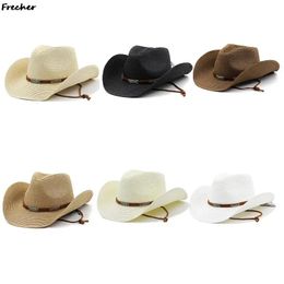 Hombres Western Cowboy Hat Straw Knight Hats Sun Hats Male Retro Beach Beach Viajes Viajes Fedora UV Protección UV Montar Gorras 240515