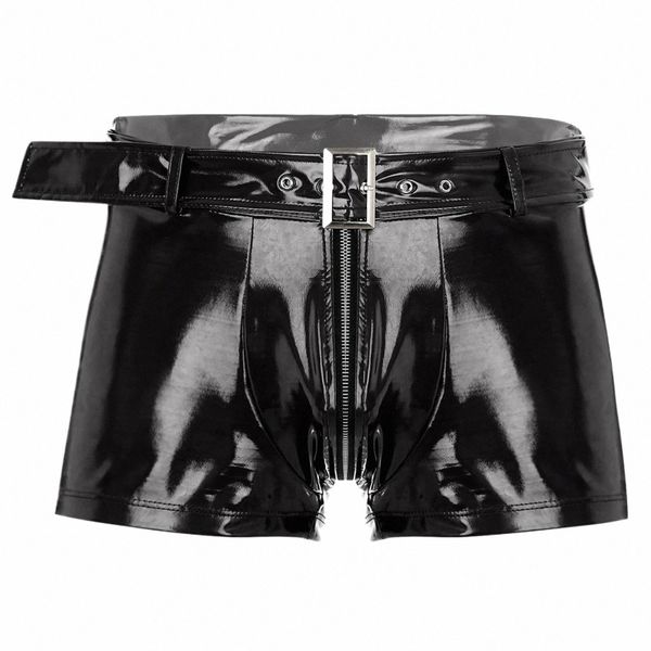 Hommes Wet Look Short en cuir verni avec ceinture Sexy Zipper Entrejambe Boxer Sous-vêtements Discothèque Pole Dancing Show Hot Pants Vêtements de nuit z8Z8 #