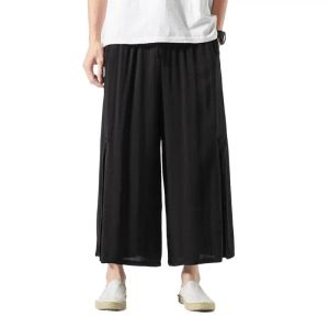 Pantalon à jambes larges pour hommes, Streetwear uni, jogging fin, grande taille, pantalons décontractés, noir, bleu, coton et lin, Harajuku