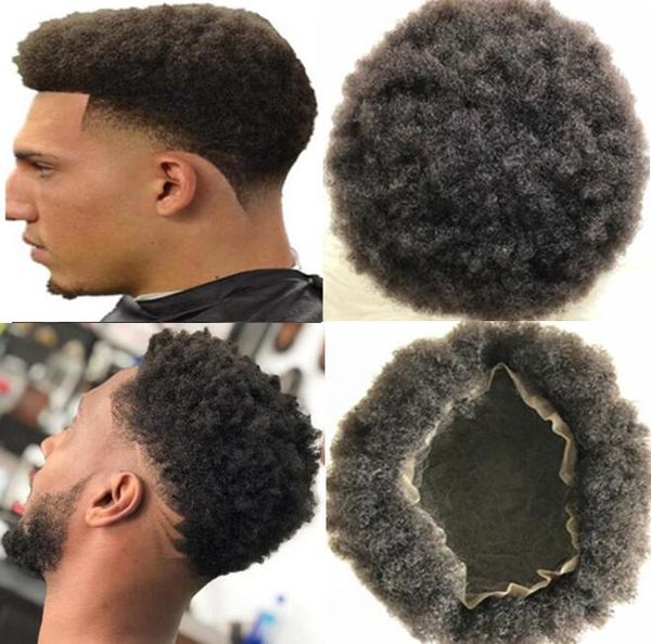 Hommes Perruque Hommes Postiches Afro Curl Full Lace Toupet Brun Noir # 1b Malaisien Vierge Système de Cheveux Humains Hommes Remplacement de Cheveux pour Hommes Noirs