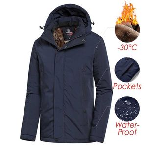 Mannen Winter Casual Lange Dikke Warme Fleece Hoed Waterdicht Parkas Jas Jas Uitloper Outdoor Fashion Pockets Parka Man 220105