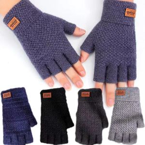 Gants d'hiver sans doigts pour hommes, demi-doigt, pour bureau, écriture, laine d'alpaga tricotée, étiquette en cuir chaud, gants de conduite élastiques épais