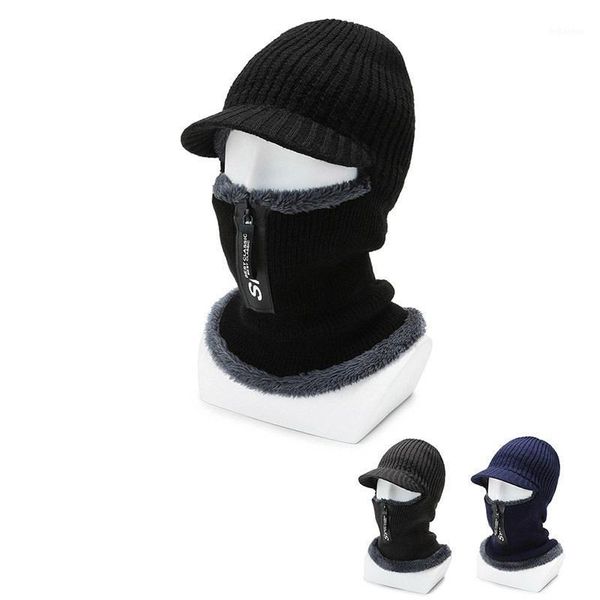 Hommes hiver tricoté chapeau avec fermeture éclair mode laine chaude cagoule casquette thermique en peluche unisexe ski capuche équitation coupe-vent masque cyclisme casquettes masques