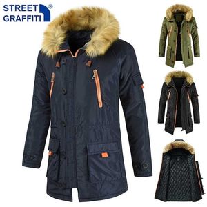 Hombres invierno largo cálido chaqueta gruesa parkas abrigo otoño outwear a prueba de viento cuello de piel al aire libre bolsillo 8xl 211214