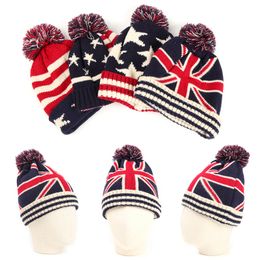 Hommes hiver pompons boule tricoté casquette pour femmes unisexe décontracté drapeau national britannique et américain chapeaux Skullies Beanie chapeau Gorros