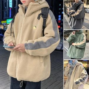 Hommes hiver Sherpa veste contraste couleur Patchwork manteau flou à capuche épais chaud ample polaire Streetwear Harajuku Parkas 240112