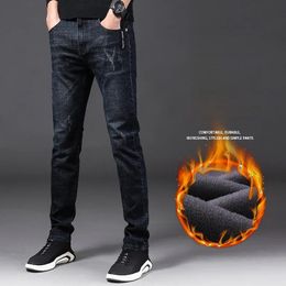 Hommes hiver thermique Jeans neige chaud noir bleu Stretch jean droit homme polaire Denim pantalons longs Cool qualité crayon pantalon 240124