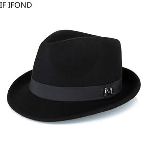 Hommes hiver épais chaud feutre fedora chapeaux laine gentleman jazz cape homburg mâle classique rim top chapeau 240322