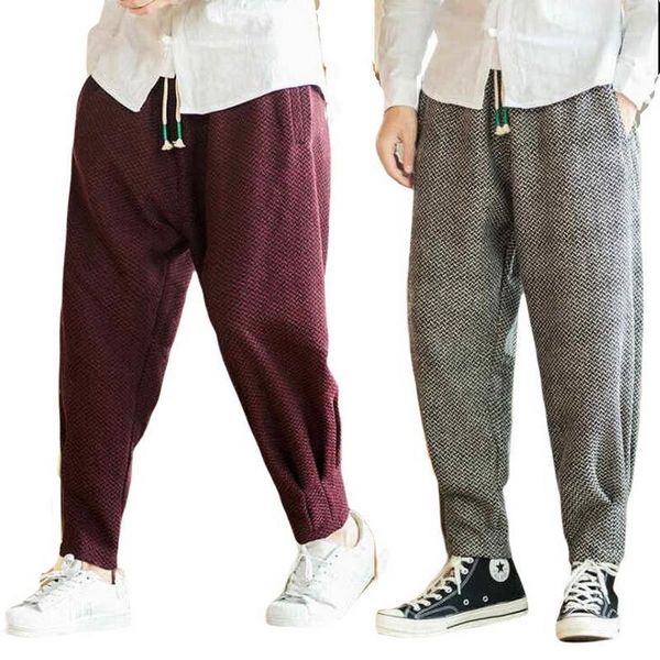 Pantalones bombachos de lana gruesos de invierno para hombre, pantalones cálidos de gran tamaño para hombre, informales, a cuadros, de lana, Color sólido