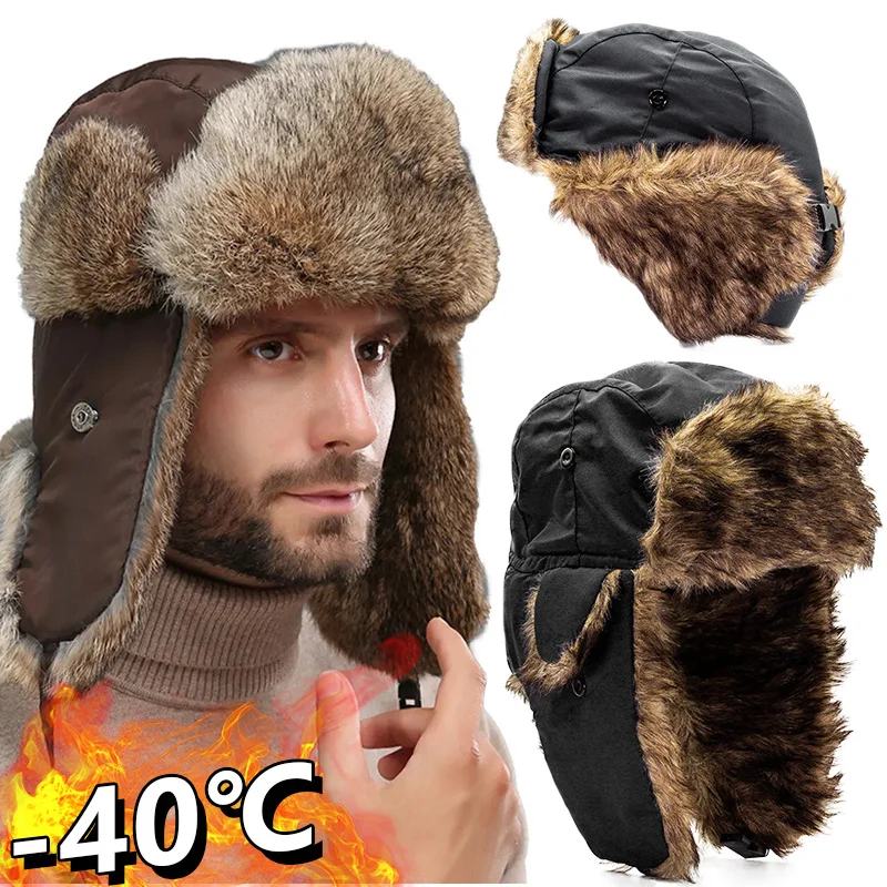 Men Winter Trapper Bomber Hats Women Russian Plush Thicken Warm Earflap Hat Outdoor Sports Skiing Hunting Fishing Fur Beanie Cap