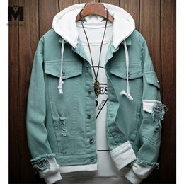 Mannen vrouwen 2019 nieuwe lente nep twee stukken stiksels roze gescheurde hooded denim jeans jas hiphop swag losse gaten casual jassen T200102