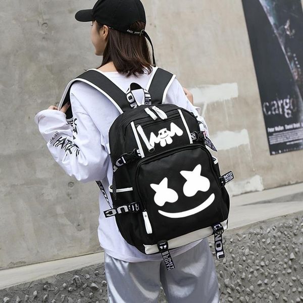 Hommes femmes livre sacs Marshmello lumineux USB sacs à dos d'ordinateur portable américain mystère DJ étudiant sac d'école pour adolescents