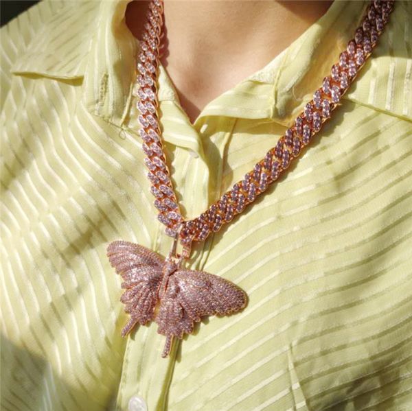 Collar de mariposa para hombre y mujer, collar con colgante de mariposa de circonia cúbica brillante chapado en oro rosa con cadena cubana de 18/20/22 pulgadas