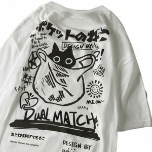 Mannen Vrouwen Carto T-shirts 2024 Zomer Harajuku Kawaii Kat Gedrukt Korte Mouw Tees Paar Streetwear Losse Kleding Y2K Tops J8H4 #