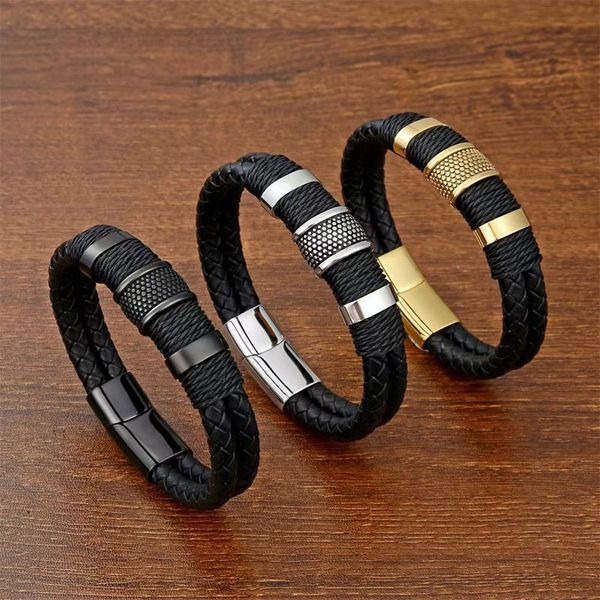 Hombres Mujeres Pulseras de punto de punto Contronado 316L 316L Acero inoxidable Diy Pulsera de cuero negro de cuero negro Hip Hop Accesorios para el trabajo de trabajo Bangle Jewellry