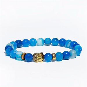 Mannen Goud Boeddha Gem Stone genezende energie Strand armbanden 8 mm Blauwe ronde Natuurlijke elastische kralen Bracelet Sieraden Garnes STARS320W