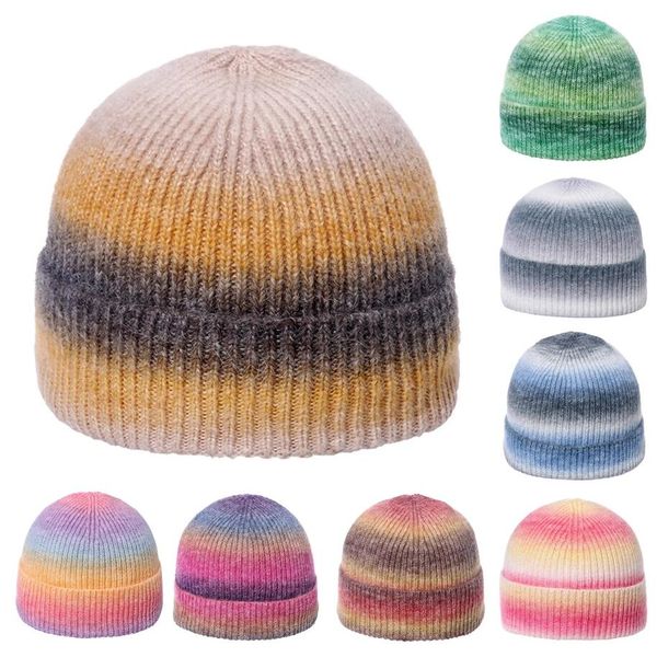 Chapeau de teinture arc-en-ciel pour hommes et femmes, bonnet Skullies unisexe, tricot extensible en acrylique, coupe-vent, chaud, Melon, hiver