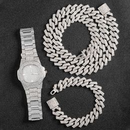 Hommes Femmes Hip Hop 16mm Glacé Brillant Chaîne Cubaine CollierBracelet Ensemble Avec Une Variété De Styles Personnalité Strass Montre 240131