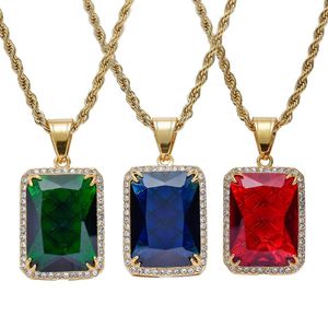 Mannen Vrouwen Hip Hop Edelsteen Hanger Ketting Populaire Rood Blauw Groen Edelsteen Sieraden Hoge Kwaliteit Roestvrij Staal IP Vergulde Accesso269l