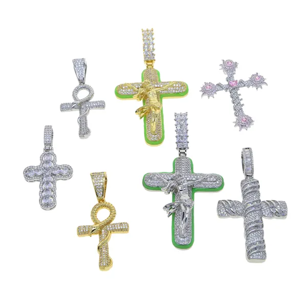 Hommes femmes Hip Hop jésus croix pendentif entièrement pavé 5A cubique zircone chaîne de Tennis glacé Bling collier HipHop bijoux mode