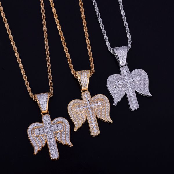 Hommes/femmes Hip hop bijoux ailes croix collier pendentif glace Zircon cubique breloque avec chaîne cubaine/corde deux couleurs pour cadeau