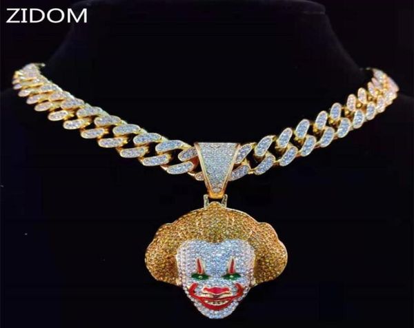 Mentes Femmes Hip Hop Movie Clown Pendant Collier With 13 mm Miami Cuban Chain Iced Out Bling Hiphop Colliers Male Bijoux Male