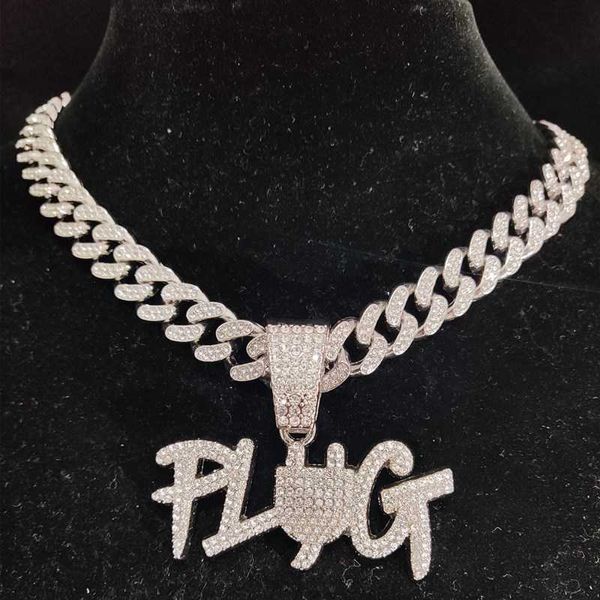 Hommes femmes Hip Hop PLUG lettre pendentif collier avec 13mm cristal chaîne cubaine HipHop glacé Bling colliers bijoux de mode