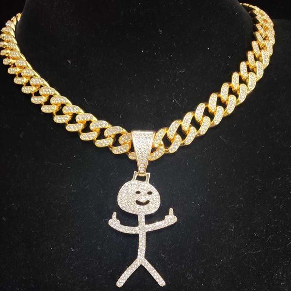 Hombres Mujeres Hip Hop Stickman dedo medio colgante collar moda HipHop Iced Out Bling divertido colgantes collares encanto joyería