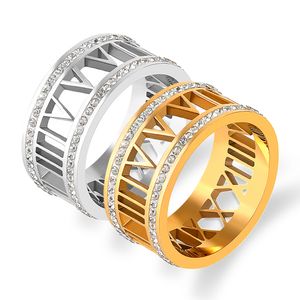 Mannen vrouwen uitgehold Romeinse cijferband ringen roestvrij 18k gouden zilveren kristal diamant klassieke ring 10 mm breedte