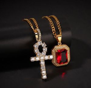 Hommes femmes glacé cubique Zircon égyptien Ankh clé pendentif collier rubis pendentif collier ensemble Hip Hop ensemble de bijoux flambant neuf