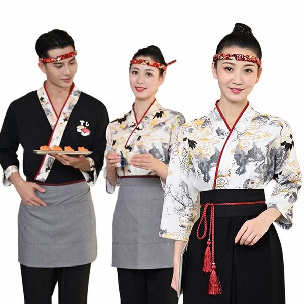 Hommes Femmes Japonais Kimo Izakaya Chef Vestes Avril Imprimer Grue Cuisine Sushi Nourriture Cuisson Tops Chemise Restaurant Serveur Uniforme V4rS #