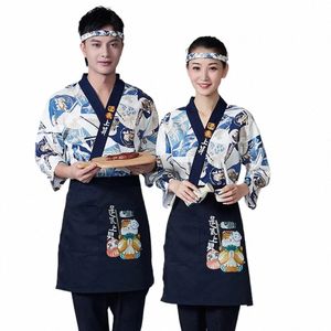 Hombres Mujeres Estilo japonés Sushi Chef Kimo Batas Chaquetas Restaurante Camarero Cocina Cocinero Uniforme Tops Abril Diadema Ropa de trabajo q1nn #