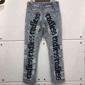 Hommes femmes jean haute qualité Hip Hop denim pantalon lettres brodées trou Streetwear jean T220803