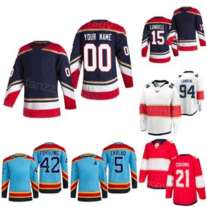 Hommes Femmes Enfants Hockey 15 Anton Lundell Jersey 21 Nick Cousins 12 Marc Staal 94 Ryan Lomberg 42 Gustav Forsling 9 Sam Bennett 5 Aaron Ekblad Numéro de nom personnalisé inversé