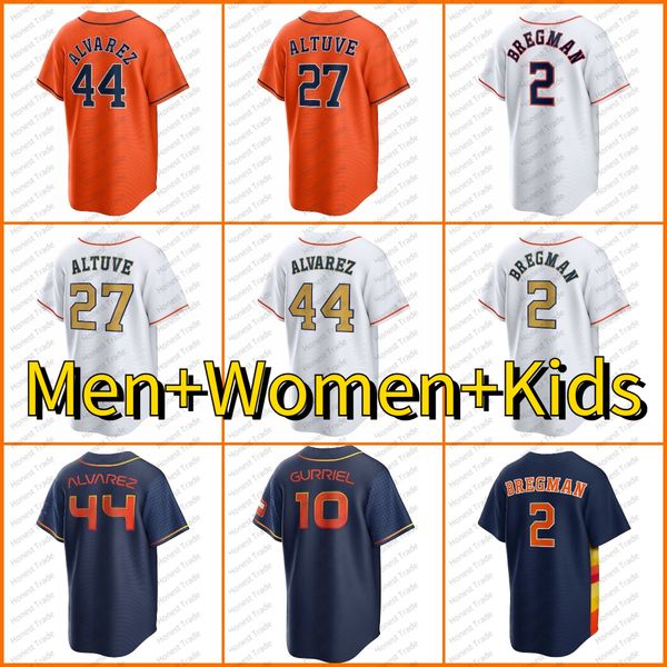 Hommes femmes enfants Yordan Alvarez Baseball Jerseys Jose Altuve 2 Alex Bregman 3 Jeremy Pena 10 Yuli Gurriel Justin Verlander White Gold Navy Orange Centred Jersey S-XXXL