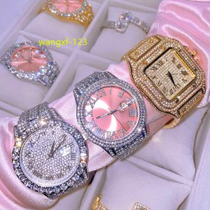 Hommes femmes bijoux de luxe glacé or argent cz montre-bracelet à quartz montres