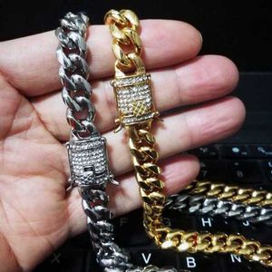Hombres Mujeres Miami Collar de cadena cubana Fundición de acero inoxidable Broches de seguridad doble Cadenas de eslabones de bordillo de diamante Joyería de Hip Hop 10 mm 61 cm / 76 cm