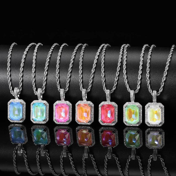 Hommes Femmes Collier Pendentifs Moka Fluorescent Carré Solide Zircon Couleur Gem Pendentif Hiphop Hommes et Femmes Micro-ensemble Zircon Colliers designers