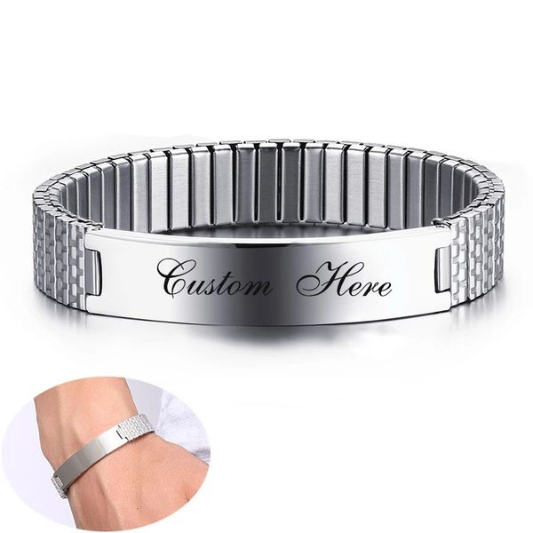 Hombres Mujeres Personalice Grabar Nombre Imagen Pulsera elástica con banda elástica de acero inoxidable Brazaletes personalizados Joyería unisex 240301