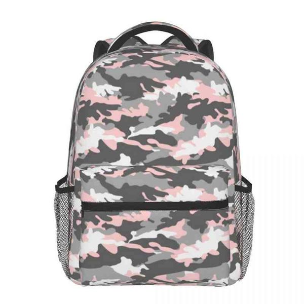 Mochila de camuflaje rosa y gris para hombre y mujer, mochila escolar de viaje para adolescentes, mochila de gran capacidad AA220316