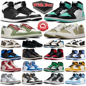 With box 1s jumpman 1 basketball shoes men women Olive Black White Phantom Metallic Burgundy Gold Satin Bred UNC Toe mens trainers sports sneakers