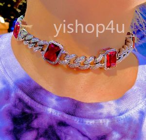 Hommes femmes 13mm Miami cubain lien chaîne rouge bleu rubis collier 14k or blanc diamants petite amie cadeau 16 pouces-20 pouces