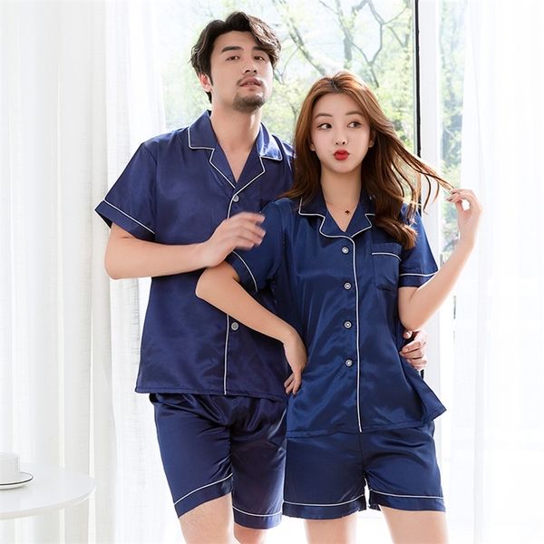 Hommes Femmes Satin Satin Satin Élégant Amoureux d'automne Pijiama Soie Kimono Summer Solid Pyjamas Robe Deux Pièces Pyjamas Navy Ensembles Sleepwear Y200708