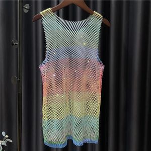 Hombres Mujeres Sheer Bling Tank Tops Neon Crystal Rhinestones Shiny Sexy Sheer Y2K Rainbow Vest Party Club Ver Mesh Hollow Out Tops 240313
