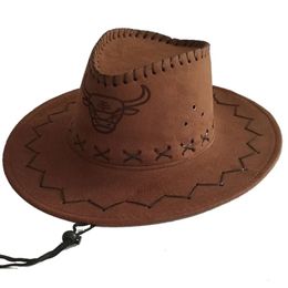 Hommes Femmes Été Voyage Crème Solaire En Daim En Cuir Western Cowboy Chapeau De Bande Dessinée Tête De Vache Imprimer Grand Large Bord Soleil Jazz Cosplay Cap W65 240311