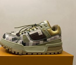 Heren Dames Ttainer Maxi-sneaker Lage flats met ronde neus en veters Lil 'fat Man Koeienhuid broodschoenen lente en zomer Catwalk-stijl rijgkralen Koeienhuid groen geruite ontwerper