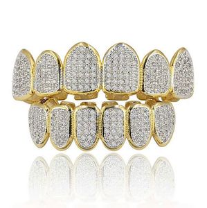 Hommes Femmes Vampire Grills Hip Hop Iced Out CZ Mouth Teeth Grillz Caps Top Bottom Grill Set 18K Gold Plated Rock Punk Rappeur Accessoires