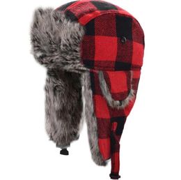 Chapeaux d'hiver chauds unisexes pour hommes et femmes, chapeau de trappeur à la mode, treillis imprimé à carreaux, doublure en peluche, casquette à rabat Ushanka