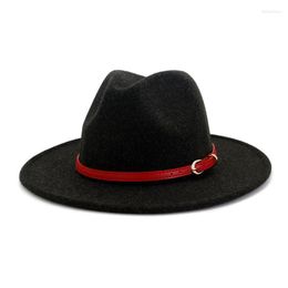 Men Women Wool Red Belt Wide Brim Filt Jazz Fedora hoeden Britse stijl Trilby Party Formele Panama Cap Dress Hat Wholesale Delm22