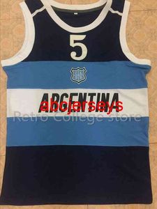 Heren Dames Jeugd #5 Manu Ginobili Team Argentinië Marineblauw Genaaid Retro Throwback Basketbalshirt Pas elk maatnummer en spelersnaam aan Ncaa XS-6XL